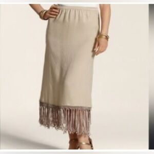 CHICO’s Cream Fringe Francesca Linen Midi Skirt NWT L / 12 Size 2 Beach Boho